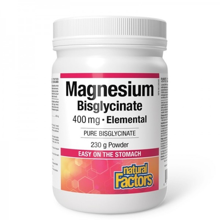 Хранителна добавка natural Factors, Магнезий (бисглицинат), За мускулен тонус и здраво сърце, 400 mg, 230 g прах