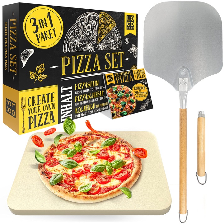 Sidorenko téglalap alakú kordierit pizzakő szett, 3 darabos, pizzalapáttal és receptkönyvvel, többszínű