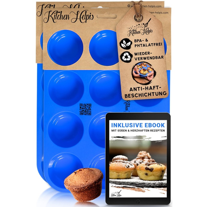 Szilikon muffintepsi, Kitchen Helpis, 2 db-os készlet, 12 csészés kapacitás, tapadásmentes, mosogatógépben mosható
