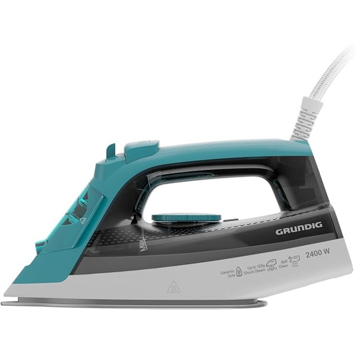 Fier de calcat cu abur GRUNDIG SI 3550, 2400 W, jet de abur 120 g/min, debit de abur continuu 25 g/min, talpa ceramica, rezervor de apa 220 ml, oprire picurare, tehnologie anti-calcar, alb/turcoaz