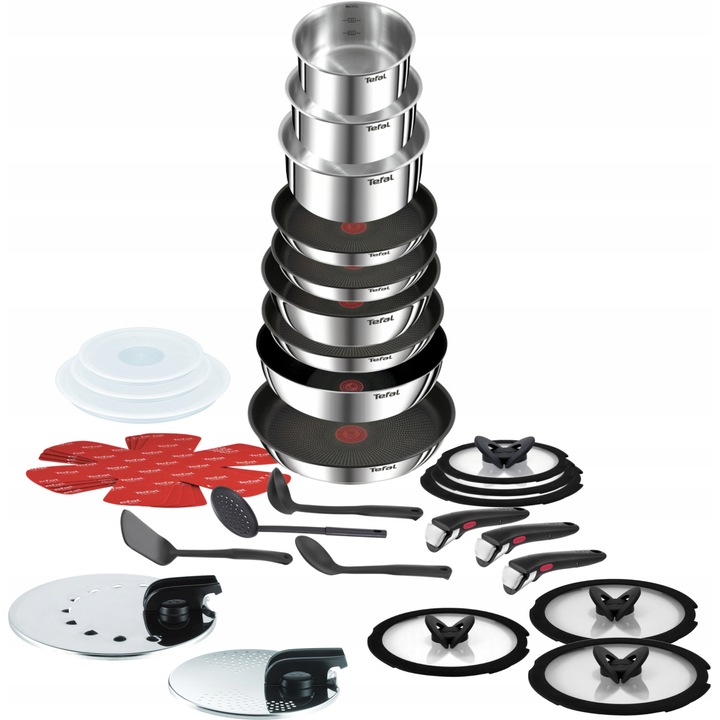 Комплект тенджери Tefal Ingenio Emotion 31 ел, инокс, 16-28 см, незалепващо покритие, с капаци
