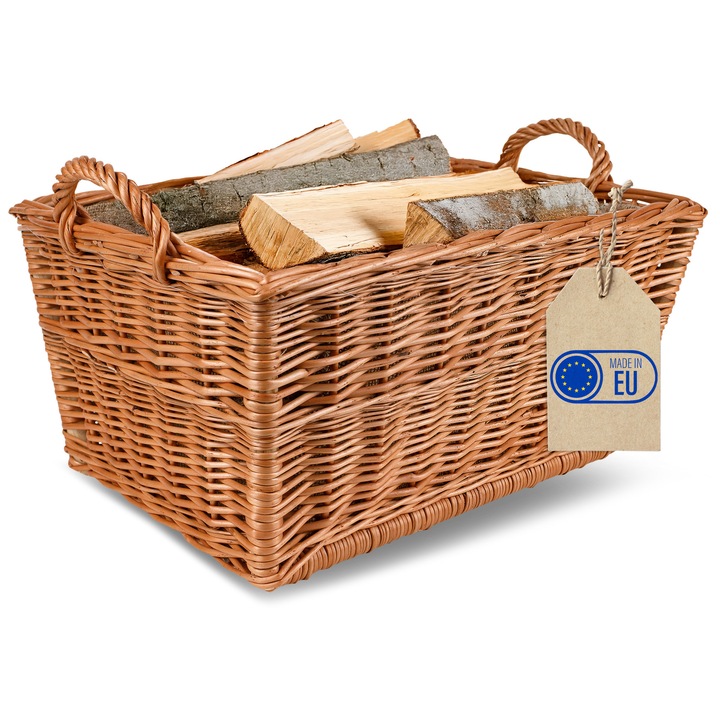 Cos portlemn din rachita, Creative Home, maro, 47x33x30 cm, cos mare cu manere, impletit manual, salcie naturala, multifunctional, interior﻿