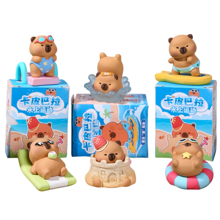 Set de 6 figurine Capybara, Fantasy, Tema Plaja de vara, proaspata si luminoasa, Cu figurine in diverse ipostaze: cu capul in jos, facand surf, scufundandu-se, facand plaja, Este un cadou ideal pentru copii si, de asemenea, o decoratiune frumoasa