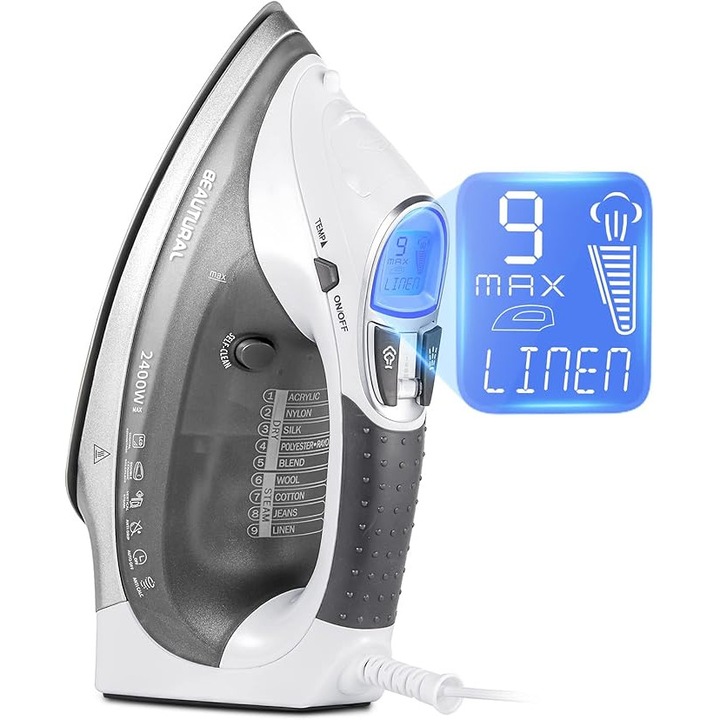Fier de calcat cu abur 2400 W, Beautural cu talpa ceramica, rezervor de 340 ml, 9 setari de abur, afisaj LCD, oprire automata, cablu de 2, 4 m, functie de autocuratare
