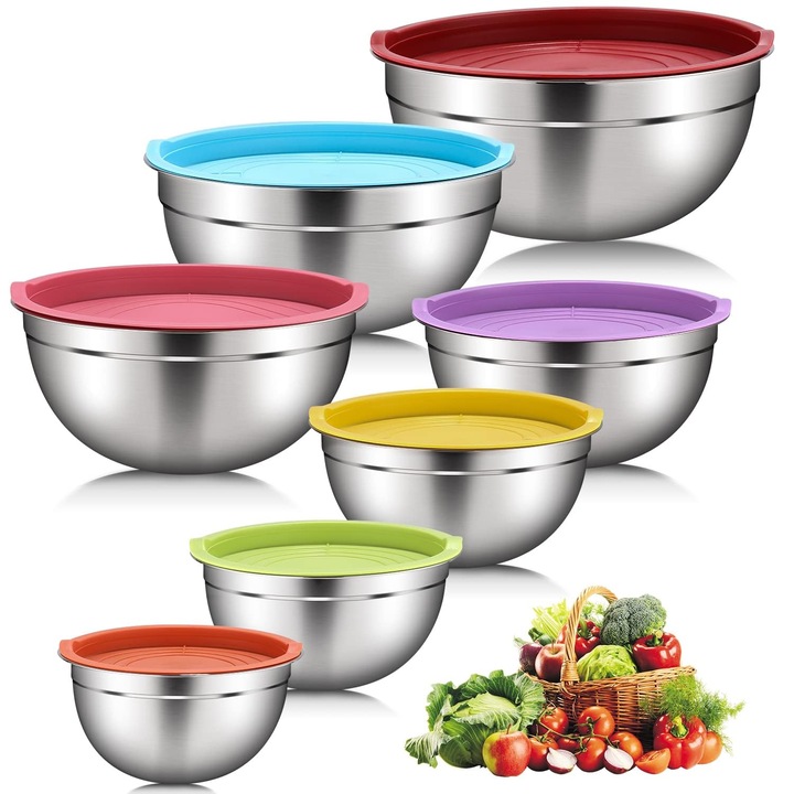 Set Daiweier De 7 Boluri Din Otel Inoxidabil Cu Capace Colorate, Boluri De Amestecat, Boluri De Salata, Stivuibile Pentru Depozitare Minima, Ustensile De Bucatarie Esentiale