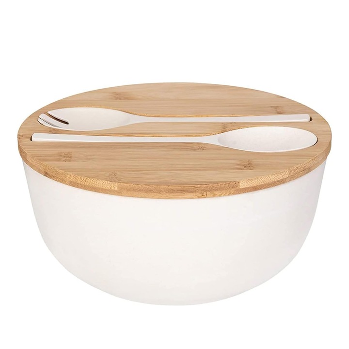 Set De Boluri Pentru Salata – Boluri Mari De Amestecat Din Bambus Masiv, Bol Pentru Salata Cu Capac Din Bambus, Lingura Pentru Fructe, Salate Si Decoratiuni (25, 4 Cm, Alb)