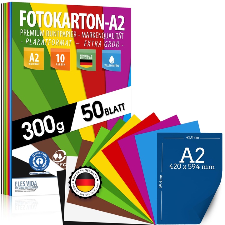50 lapos színes papír készlet A2, 300g/m², 10 szín, karton kézműveskedéshez
