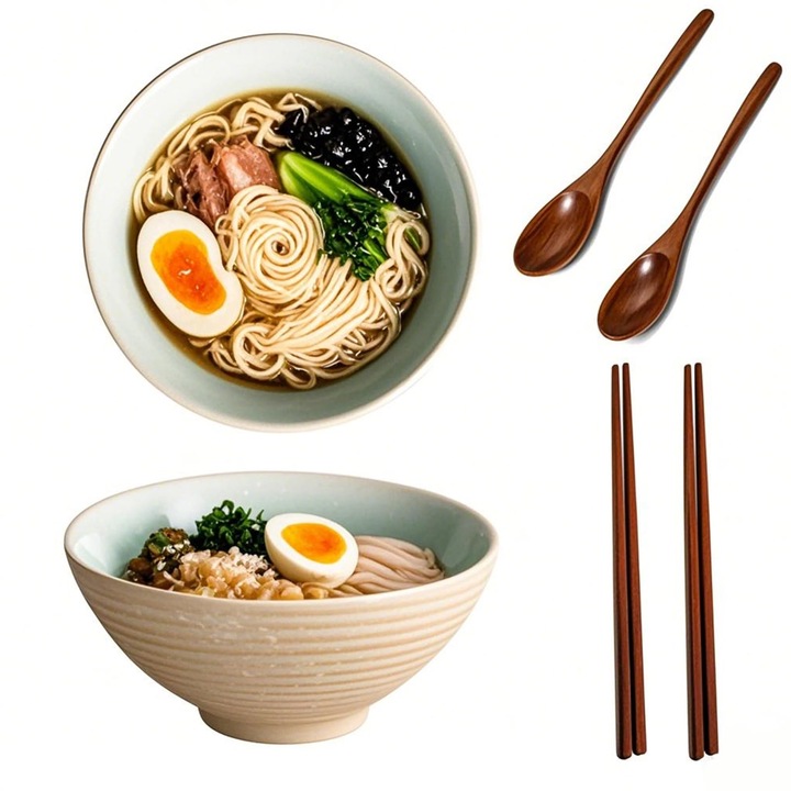 Set 2 Boluri Ramen, Ceramica, Haayymo, 1000 ml cu Lingură și Bețișoare, pentru Supă și Salată