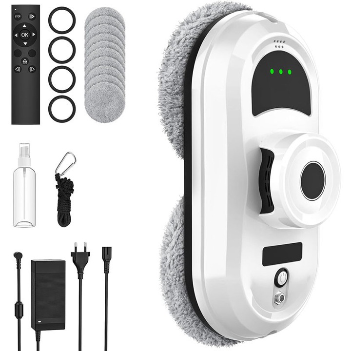 Robot inteligent de curatat geamuri, Rqiurpn, AI Intelligent Planning, 5600Pa, 90W, Cu telecomanda, functie de pulverizare automata, 3 moduri de curatare, 10 carpe de microfibra, Alb