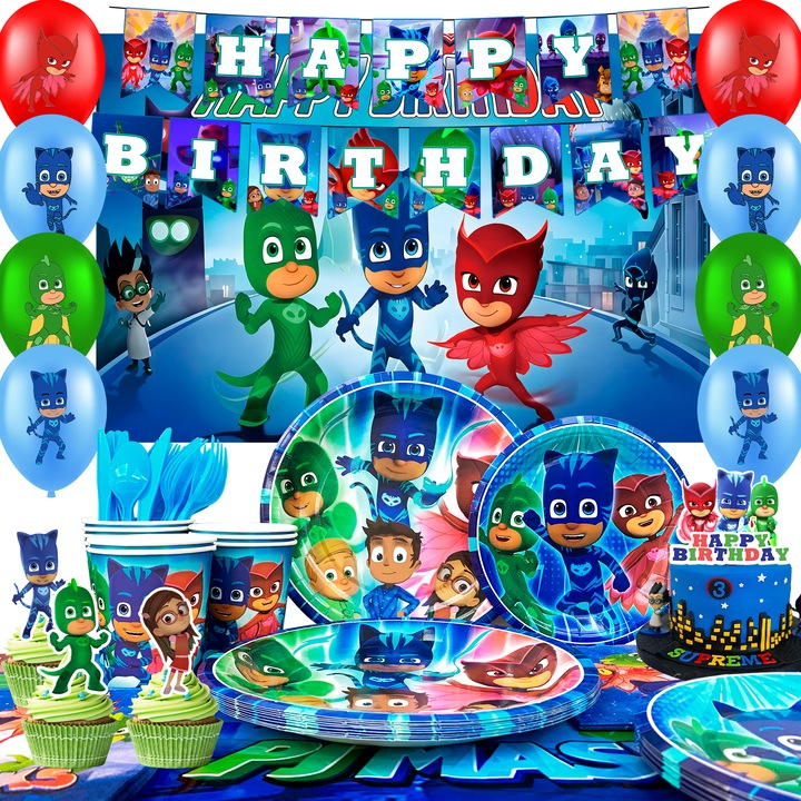 112 части Комплект Декорации за Рожден Ден PJ Masks, InBoxxarty, Весело Парти PJ Masks - Покривка за Маса, Декорация за Торта, Банер, Балон, Чинии и др. Аксесоари за Парти PJ Masks