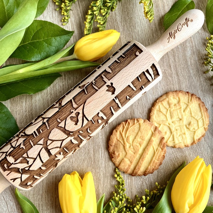 Nyírfa Dombornyomott Sodrófa. Tésztahenger Süteményekhez És Házi Kerámiához. Gravírozott Mintás Sodrófa Diy Konyhához, Tésztához És Süteményekhez Az Algis Crafts-tól