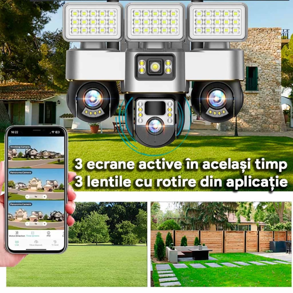Camera Cu Sim Camera de Supraveghere cu SIM 4G si Proiector LED, Panou Solar 15W ...