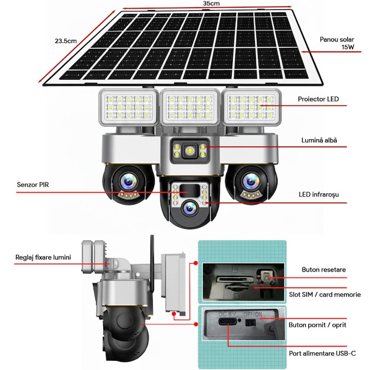 Camera Cu Sim Camera de Supraveghere cu SIM 4G si Proiector LED, Panou Solar 15W ...