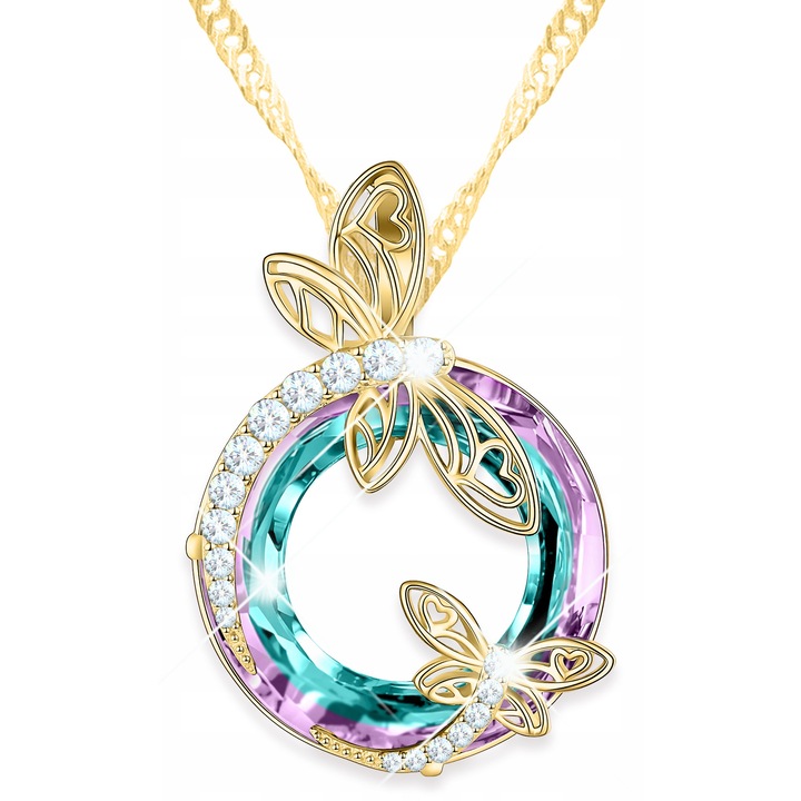 Colier dama, Larezo, argint 925, cu cristale, placat cu aur, pandantiv Libelula, 42cm + 3cm