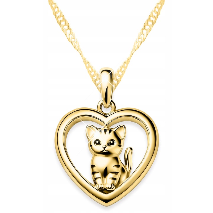 Colier dama, Larezo, cu pandantiv inima si pisica, 42cm, cu cutie de bijuterii, argint placat cu aur