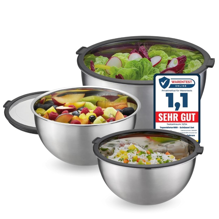 Oferta De Top 999 Set De 6 Boluri De Amestecat Din Otel Inoxidabil, Capace Etanse, Suprapunibile, Lavabile In Masina De Spalat Vase, Cantar Intern, 1, 2, 4, 5 L