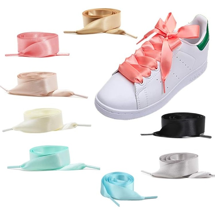 Széles szatén cipőfűző készlet, 2 cm széles, 8 pár, 120 cm hosszú, univerzális, többszínű