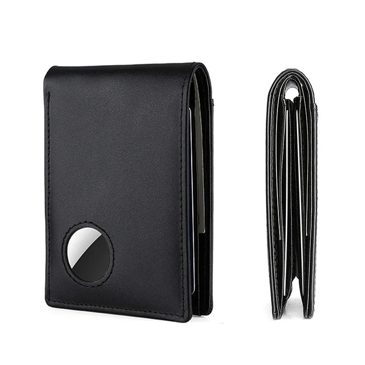 Portofel barbati din piele naturala, design elegant, 6 sloturi pentru carduri, 11.4x8x1.5cm, negru