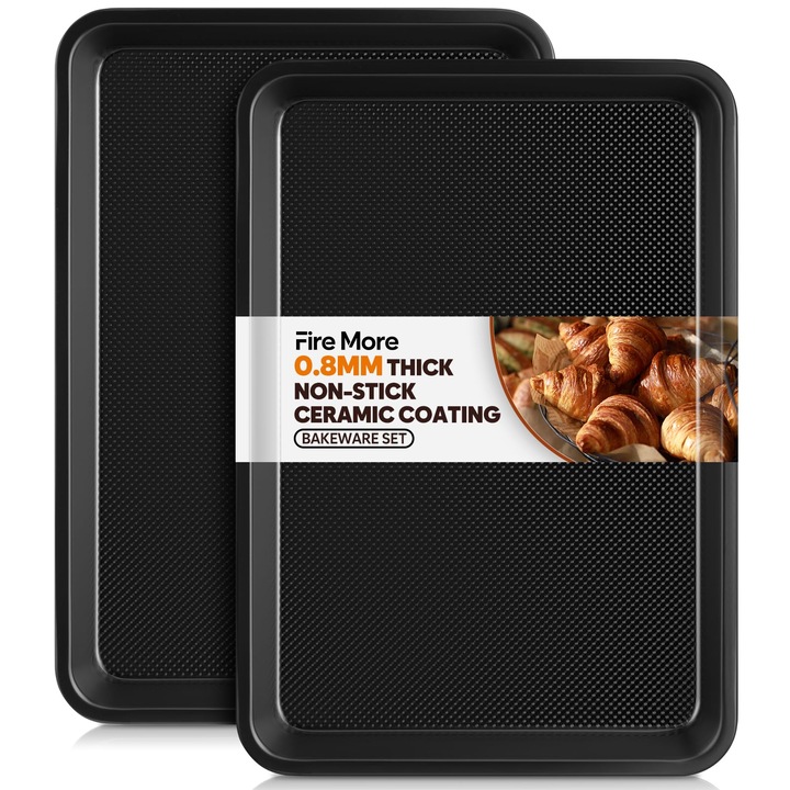 Fire More Set De 2 Tavi De Copt, Tava De Copt Din Otel Carbon Gros Cu Invelis Antiaderent, Tava Pentru Prajituri 32, 5 X 23 X 2, 5 Cm, Tava De Cuptor Pentru Coacere, Prajire, Servire, Usor De Curatat