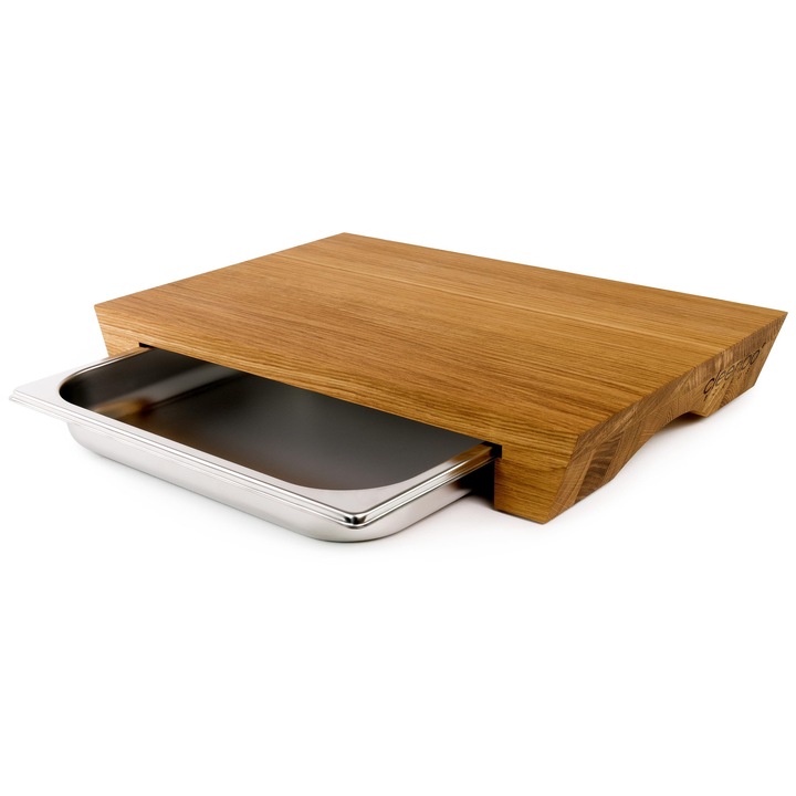 Tocator Cleenbo® Cu Tava De Scurgere „Style Oak” Tocator Profesional Din Lemn De Stejar Uleiat, Tocator Mare Cu Tava De Scurgere, Tocator Din Lemn Cu Recipient Din Otel Inoxidabil