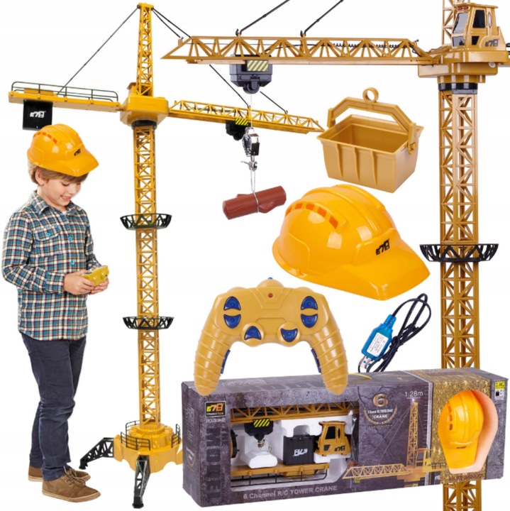 Macara cu telecomanda, sunete si lumini, 128 cm, cu accesorii si casca de constructor CADOU