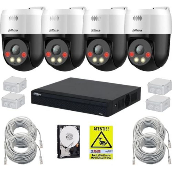 Sistem supraveghere IP inteligent Dahua, 4 camere rotative, 5MP, Alarma, Difuzor, NVR 8 canale PoE, Accesorii montaj, HDD