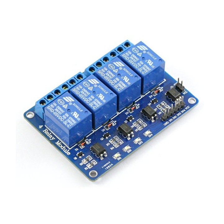Modul releu x4, 5V, control tensiune joasă, tensiune înaltă