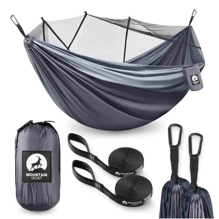 Hamac de calatorie, MOUNTAIN GOAT, pentru doua persoane, echipat cu plasa fina anti-tantari, nailon 210T respirabil, 300×200 cm, sarcina 200 kg, accesorii de montare incluse, buzunar extern util, ideal pentru camping si drumetii, gri/grafit