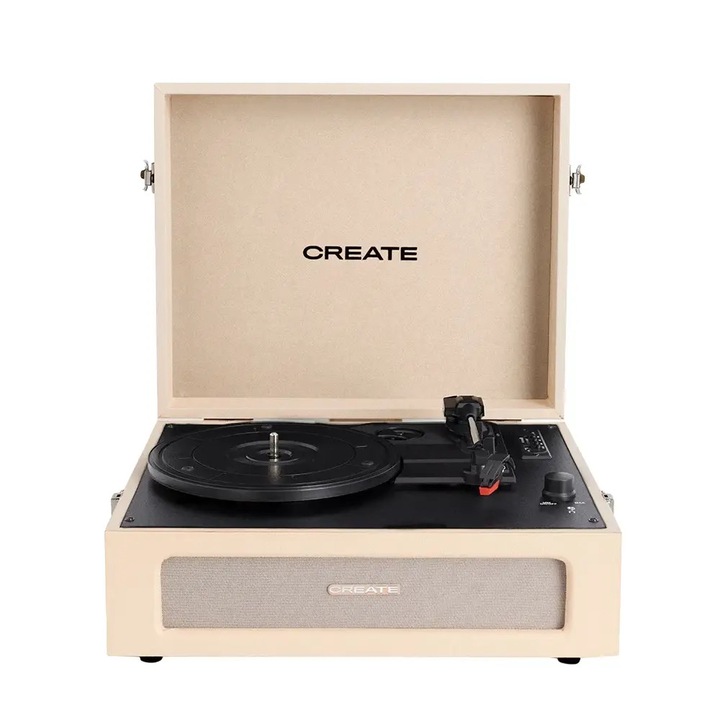 Ретро грамофон с Bluetooth CREATE, Record Player, 2 вградени високоговорителя, USB порт, слот за SD/Micro-SD карта, жак за слушалки, 3 скорости, 7/10/12 инчови винилови плочи и LP-та, винтидж дизайн в стил куфар, бежов