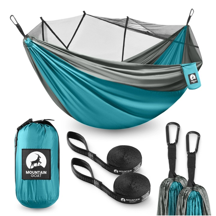 Hamac turistic dublu MOUNTAIN GOAT, moskitiera integrata, nylon 210T rezistent, confort, relaxare outdoor, camping, drumetii, bushcraft, compact, usor, 300×200 cm, 200 kg, montare rapida, curele, carabiniere, buzunar practic, gri/turcoaz