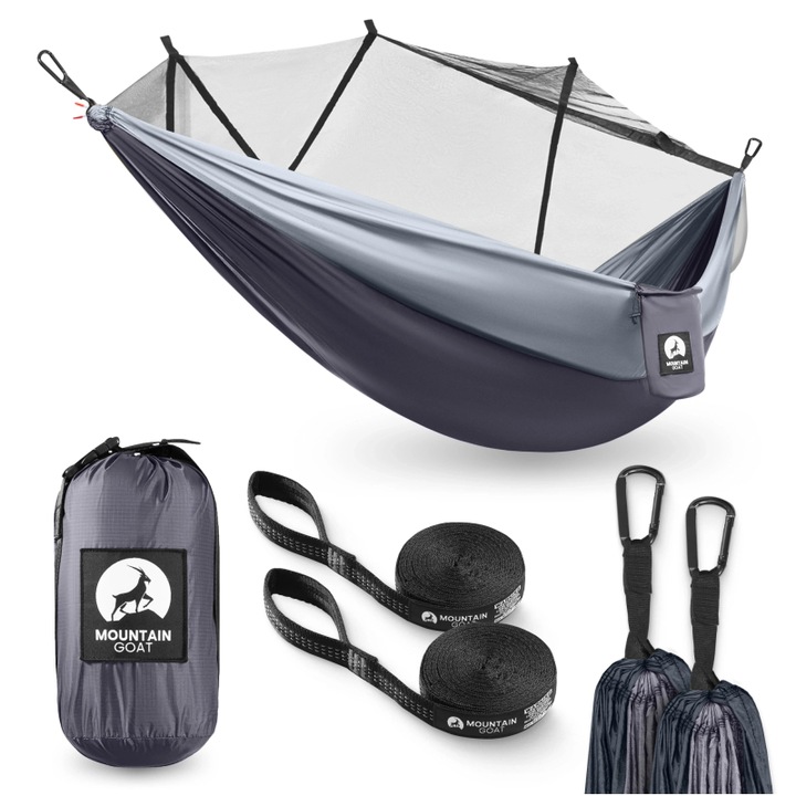Hamac de calatorie, MOUNTAIN GOAT, pentru o persoana, echipat cu plasa fina anti-tantari, nailon 210T respirabil, 270×140 cm, suport 200 kg, accesorii de montare incluse, buzunar extern util, ideal pentru camping si drumetii, gri/grafit