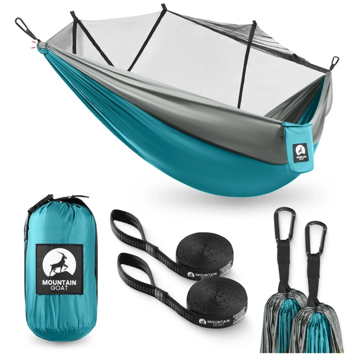Hamac de calatorie, MOUNTAIN GOAT, pentru o persoana, cu plasa impotriva tantarilor, nailon 210T durabil, 270×140 cm, capacitate 200 kg, cu curele si carabiniere incluse, buzunar extern integrat, ideal pentru camping, drumetii si bushcraft, gri/turcoaz