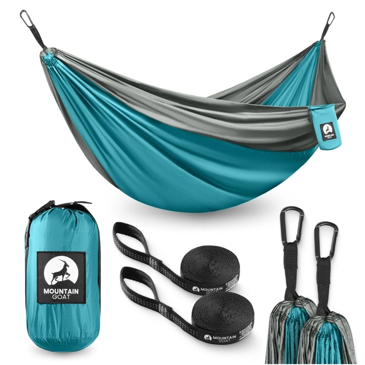 Hamac de calatorie, MOUNTAIN GOAT, pentru doua persoane, nailon 210T durabil, capacitate 200 kg, dimensiuni 300×200 cm, cu curele si carabiniere incluse, buzunar extern integrat, ideal pentru camping, drumetii si bushcraft, gri/turcoaz