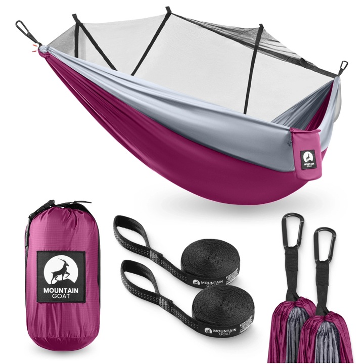 Hamac usor, MOUNTAIN GOAT, single cu plasa impotriva tantarilor, material 210T pentru parasute, 270×140 cm, sarcina 200 kg, cu curele si carabiniere, buzunar exterior pentru accesorii, excelent pentru camping, excursii si bushcraft, gri/roz