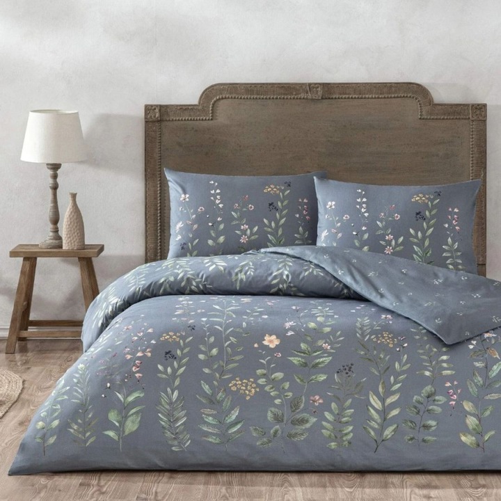 Szürke virágos dupla ágynemű, 100% pamut ranforce, 240x260 cm, 4 részes, TAC, Serelis