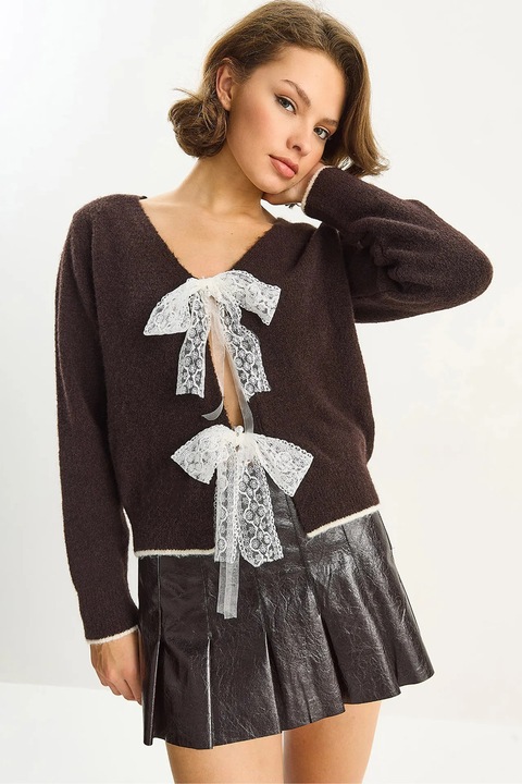 Pulover dama, Bianco Lucci, cardigan tricotat, decolteu in V, inchidere cu siret din dantela, maro moca inchis, tricot, Maro Mocha Inchis, S-M