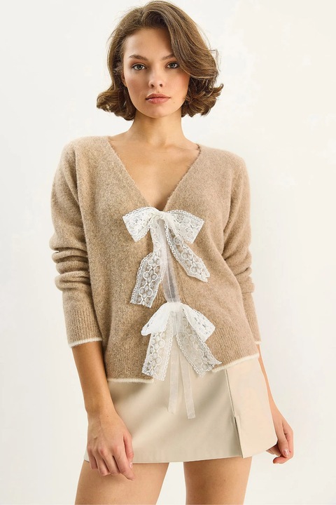 Cardigan, Bianco Lucci, tricotat, decolteu in V, Bej Natural, S-M