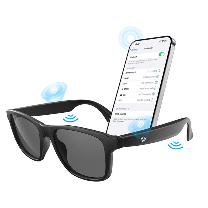 Ochelari Inteligenti Bluetooth, SmartTune Vision, Difuzoare Integrate, Control Tactil, Compatibili iOS si Android, Functie Apeluri, Muzica, Asistent Vocal si Protectie UV400, Design Modern, Autonomie Extinsa, Negru