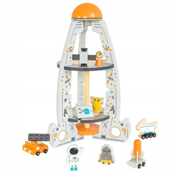 Racheta din lemn, jucărie educativă, set cu vehicule spațiale și figurine, 50cm, multicolor