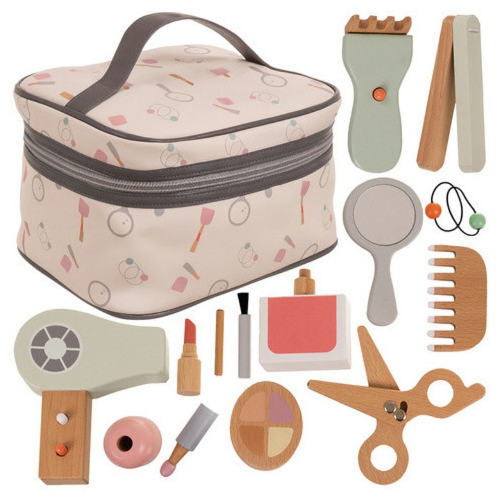 Set jucarii de machiaj si coafura din lemn pentru copii, Zola, 17 piese, multicolore, geanta depozitare