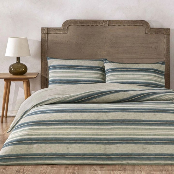 Dupla ágyneműhuzat, 100% pamut ranforce, gumis lepedő 160x200 cm, 4 részes, TAC, Nores Bézs/Kék