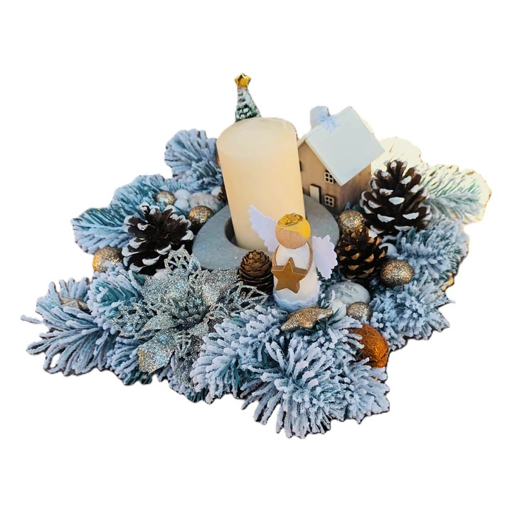Decoratiune interior, aranjament Craciun cu brad artificial nins si lumanare, 30 cm