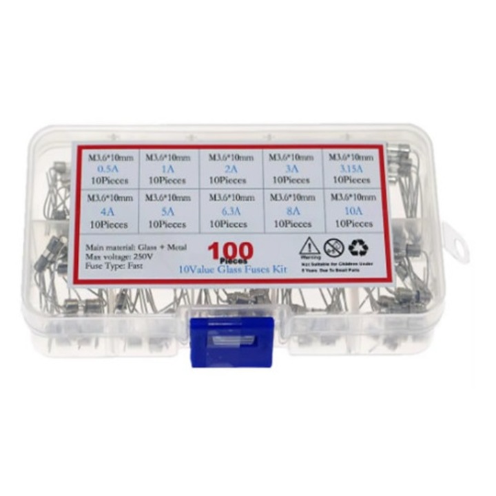 Set 100 buc siguranțe fuzibile axiale 3, 6x10mm 250V