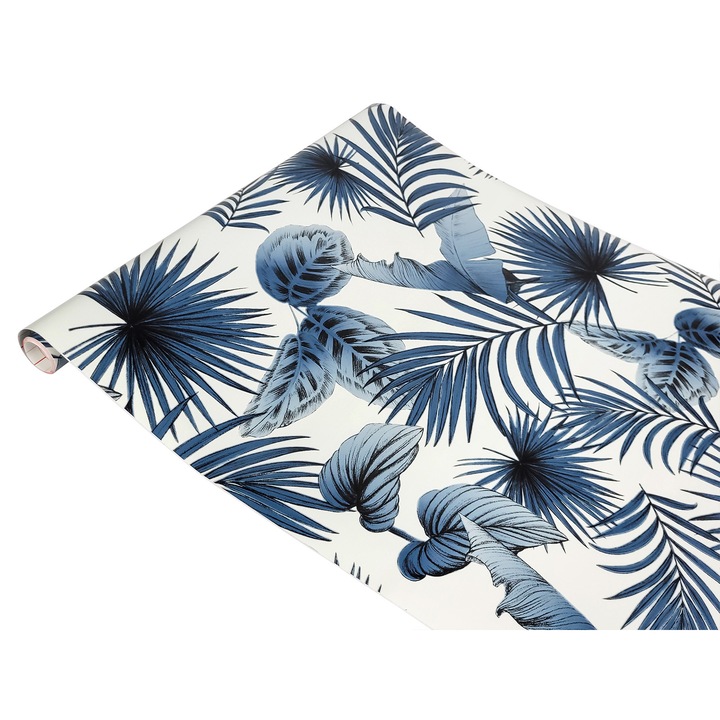 Autocolant pentru dulap de haine sub forma de sticker, 67 x 200 cm, DecoMeister®, Model Frunze Tropicale Albastre, E147-067R0200