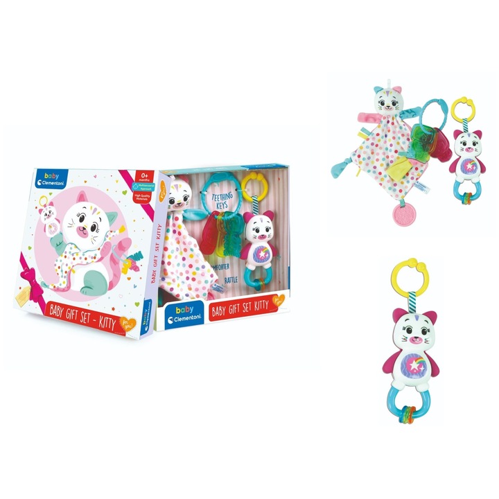 Clementoni ANGMAD babajáték szett, cica takaró, színes csörgő, puha fogzási kulcsok, biztonságos anyagok, 0+