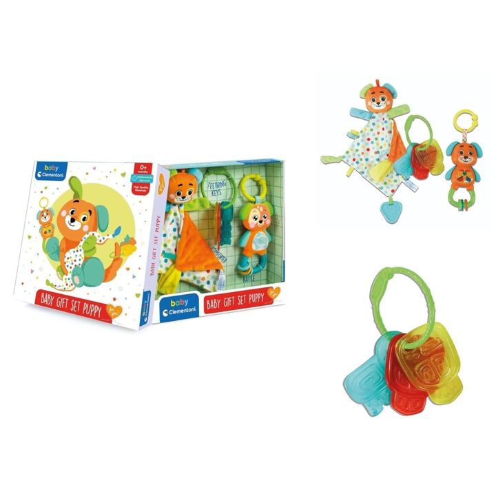 Clementoni babakészlet, kutyás takaró, színes csörgő, puha fogzási kulcsok, biztonságos anyagok, 0+