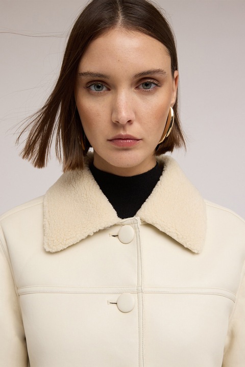 MOTIVI, Palton din piele ecologica cu detalii din blana sintetica, Crem