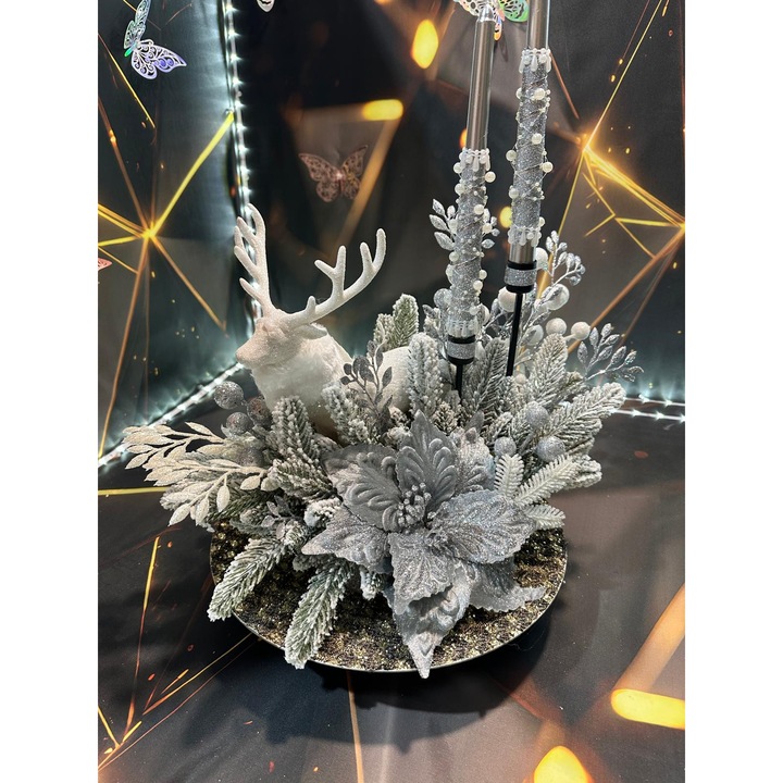 Aranjament de Crăciun, decorativ, argintiu, set cu lumânări