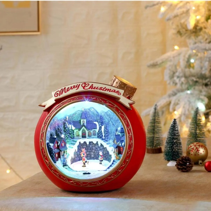Karácsonyi gömb dekoráció 27 cm, 7 LED-es többszínű fénnyel, zenei funkcióval, műanyag polirezin, elemes tápellátás, Shopiens®