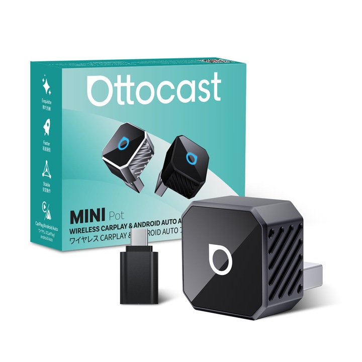 Адаптер Ottocast Mini Cube 3.0 2026 Безжичен CarPlay и Android Auto, Plug and Play 2-в-1, 5GHz WiFi, Черен